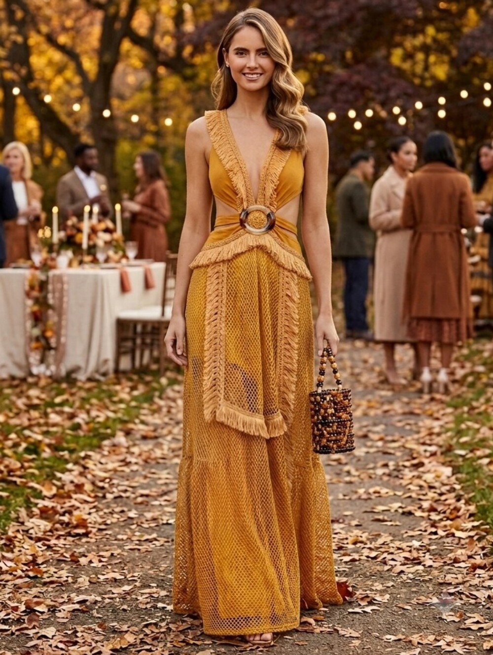 12th Tribe Mustard Yellow Boho Cutout Fringe Maxi Dress O-Ring Sz L